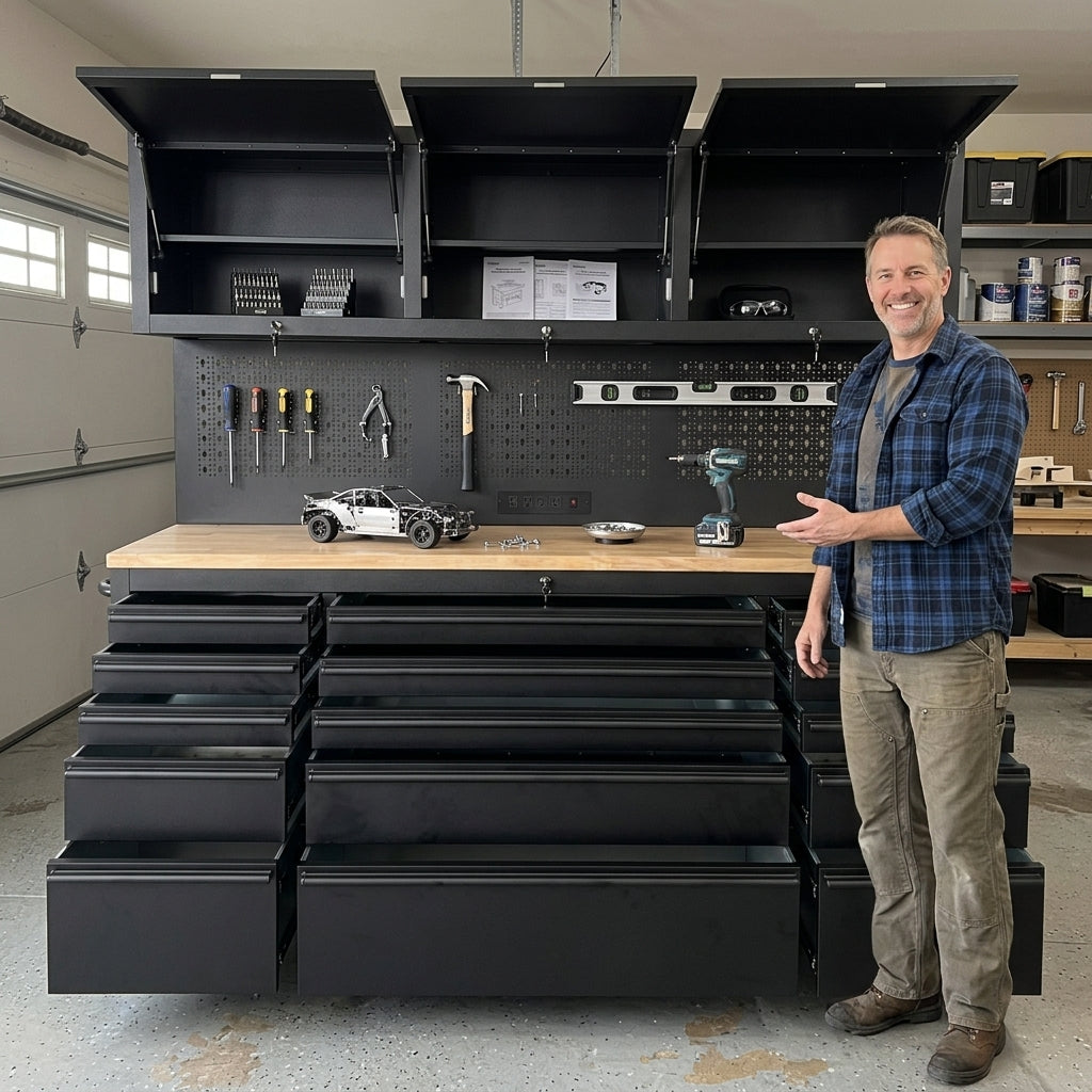72 inch Rolling Tool Chest with Power Strip, Workbench, Upper Cabinets & Pegboard