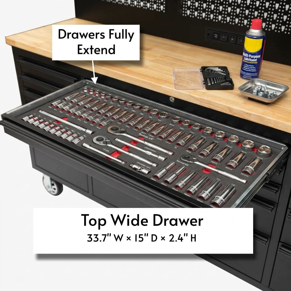 72 inch Rolling Tool Chest with Power Strip, Workbench, Upper Cabinets & Pegboard