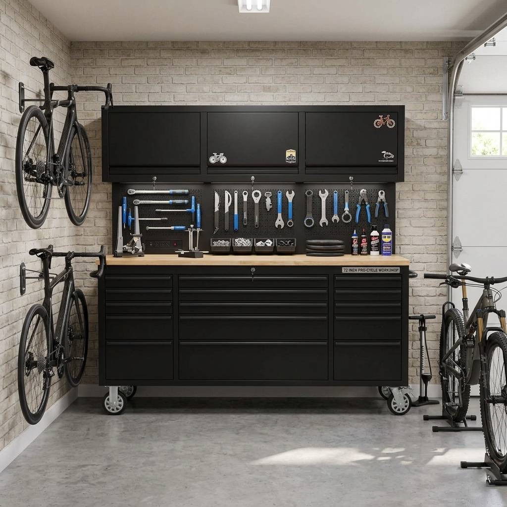 72 inch Rolling Tool Chest with Power Strip, Workbench, Upper Cabinets & Pegboard